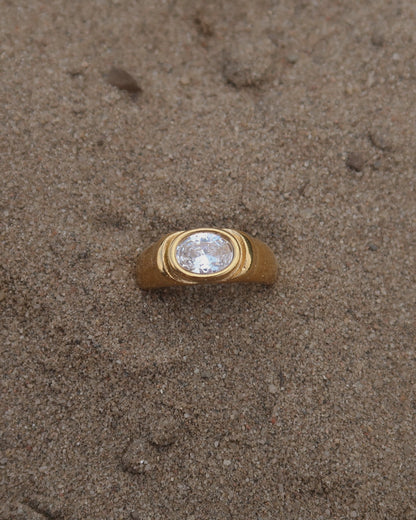 Gouden ring van stainless steel met een gladde band en een opvallende zilveren steen in het midden