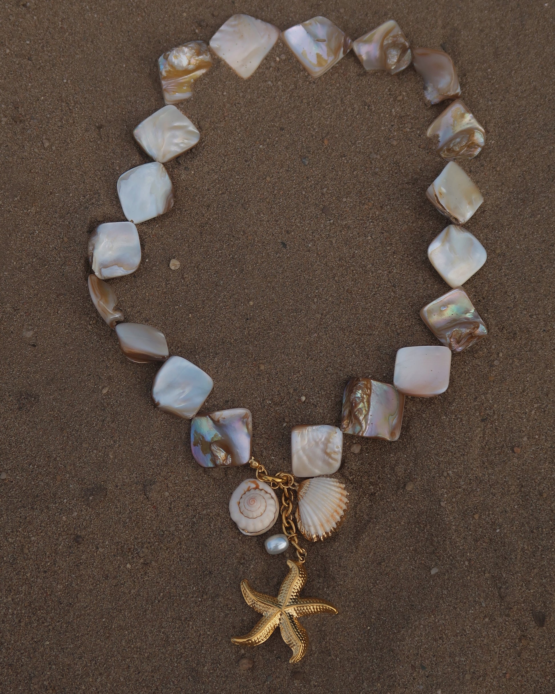 Statement ketting met goudkleurige schelpen en afneembare hangers, waaronder een zeester en schelpen
