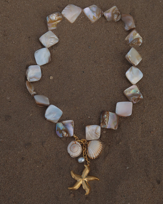 Statement ketting met goudkleurige schelpen en afneembare hangers, waaronder een zeester en schelpen