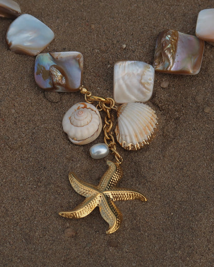 Statement ketting met goudkleurige schelpen en afneembare hangers, waaronder een zeester en schelpen