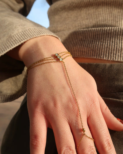 Gouden hand chain met drie fijne armbandbandjes en kleine glinsterende steentjes, verbonden met een ring met één subtiel steentje.