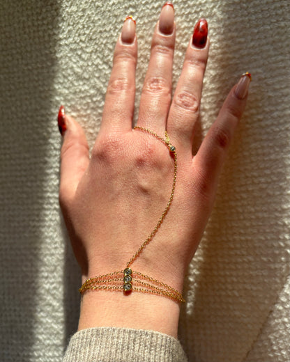 Gouden hand chain met drie fijne armbandbandjes en kleine glinsterende steentjes, verbonden met een ring met één subtiel steentje.