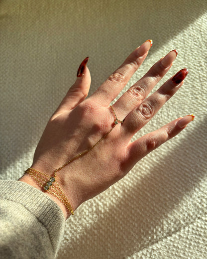 Gouden hand chain met drie fijne armbandbandjes en kleine glinsterende steentjes, verbonden met een ring met één subtiel steentje.