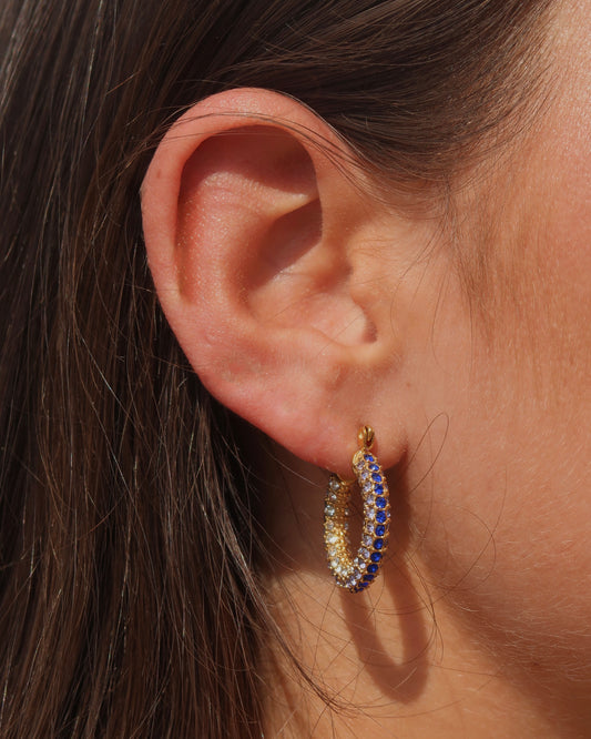 Ronde gouden oorbellen met kleurrijke steentjes, stainless steel, vrolijk en opvallend design